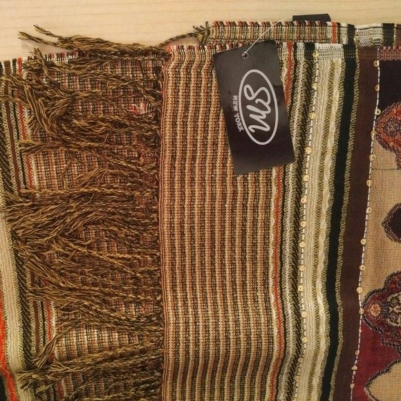 NEW Pashmina Scarf/Wrap in Gold, Cinnamon & Brown, Sequin Trim; Fringed Edges - Picture 4 of 6